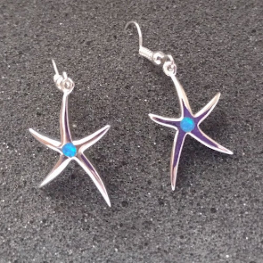 Created Blue Opal Star Fish Drop Earrings